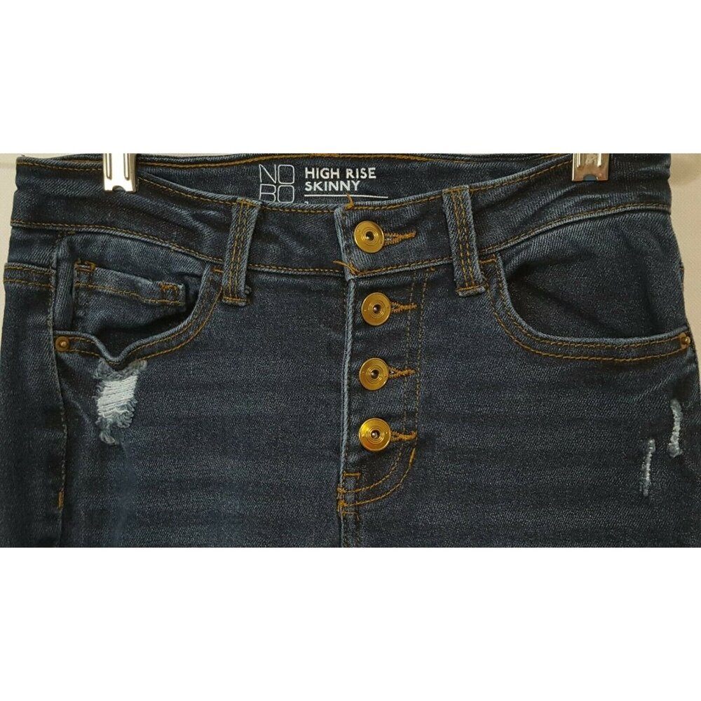 NOBO  Womens Jrs Size 3 Destroyed Jeans Button Fly Skinny High Rise Blue Dark 24